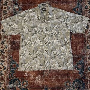 Van Heusen Button Up Shirt Linen Tropical Vacation Floral AOP Beige Mens L